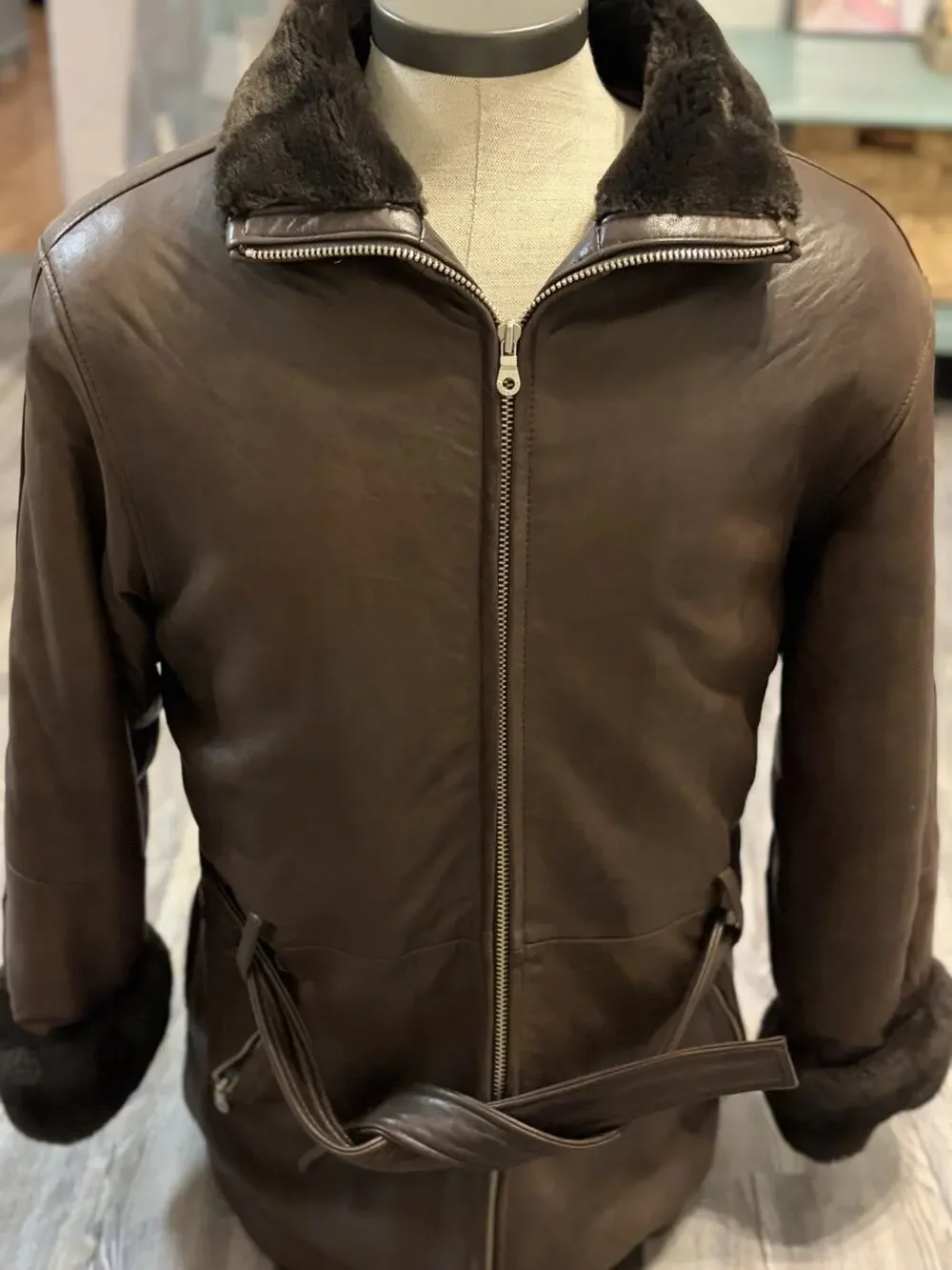 VTG Andrew Marc Additions Leather Jacket Women’s M Brown Belted Shearling Trim